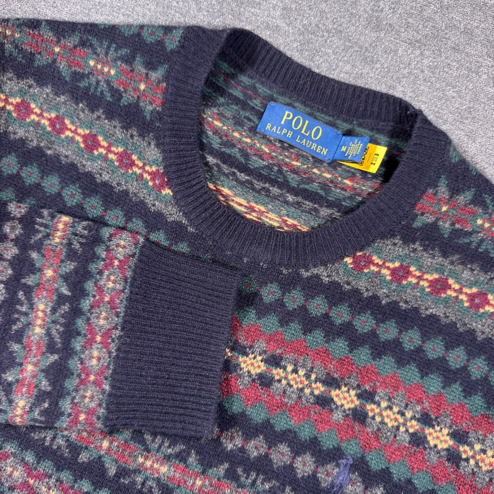 Polo Ralph Lauren Sweater Mens M Navy Blue Fair Isle 100% Wool Crewneck Pullover
